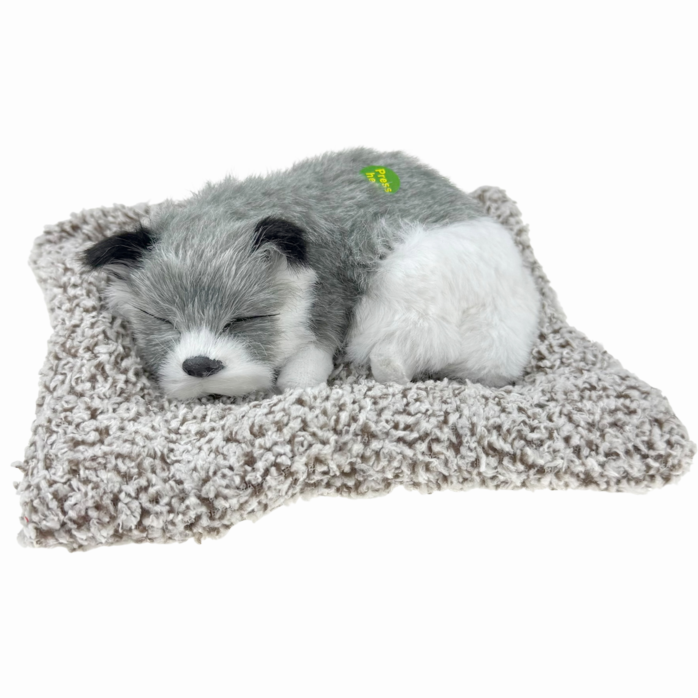 Сувенірна іграшка песик спить на подушці, гавкає 20х18 см із штучного хутра /300/