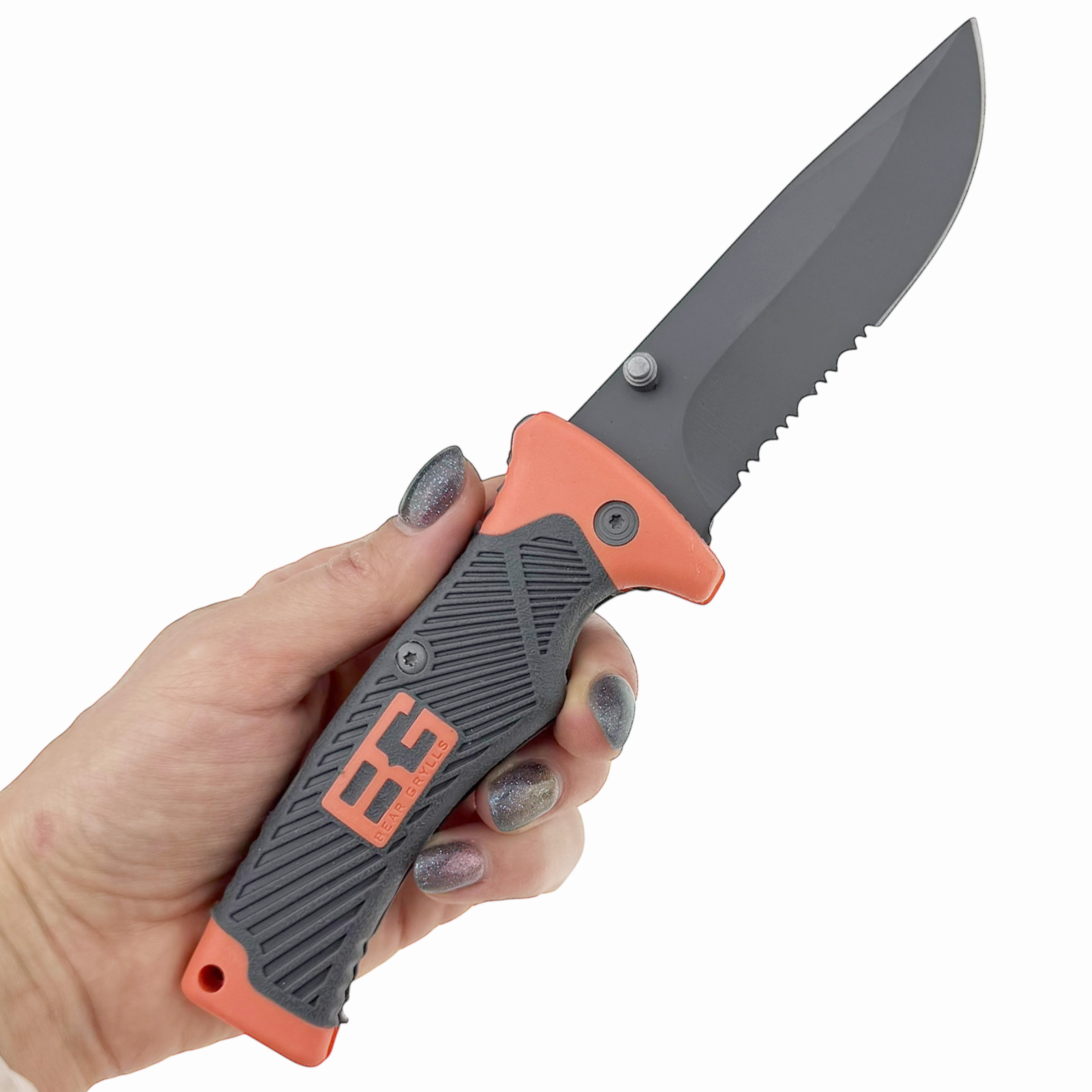 Ніж  розкладний ручка гумова сіро помаранчева  в подарунковій коробці 21 см (10) /240/