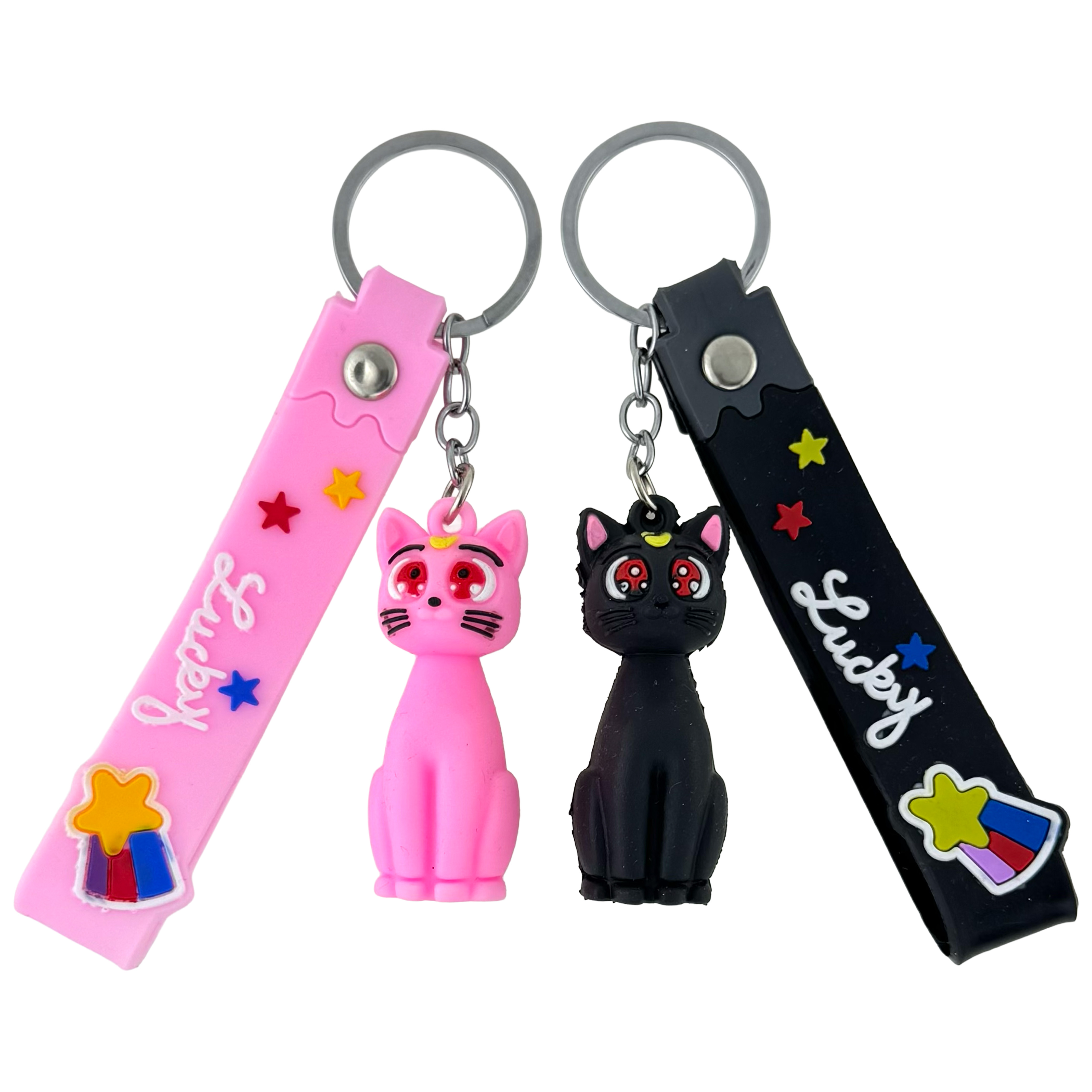 Брелок гумовий обʼємний з браслетом кіт рожевий з чорним (12)