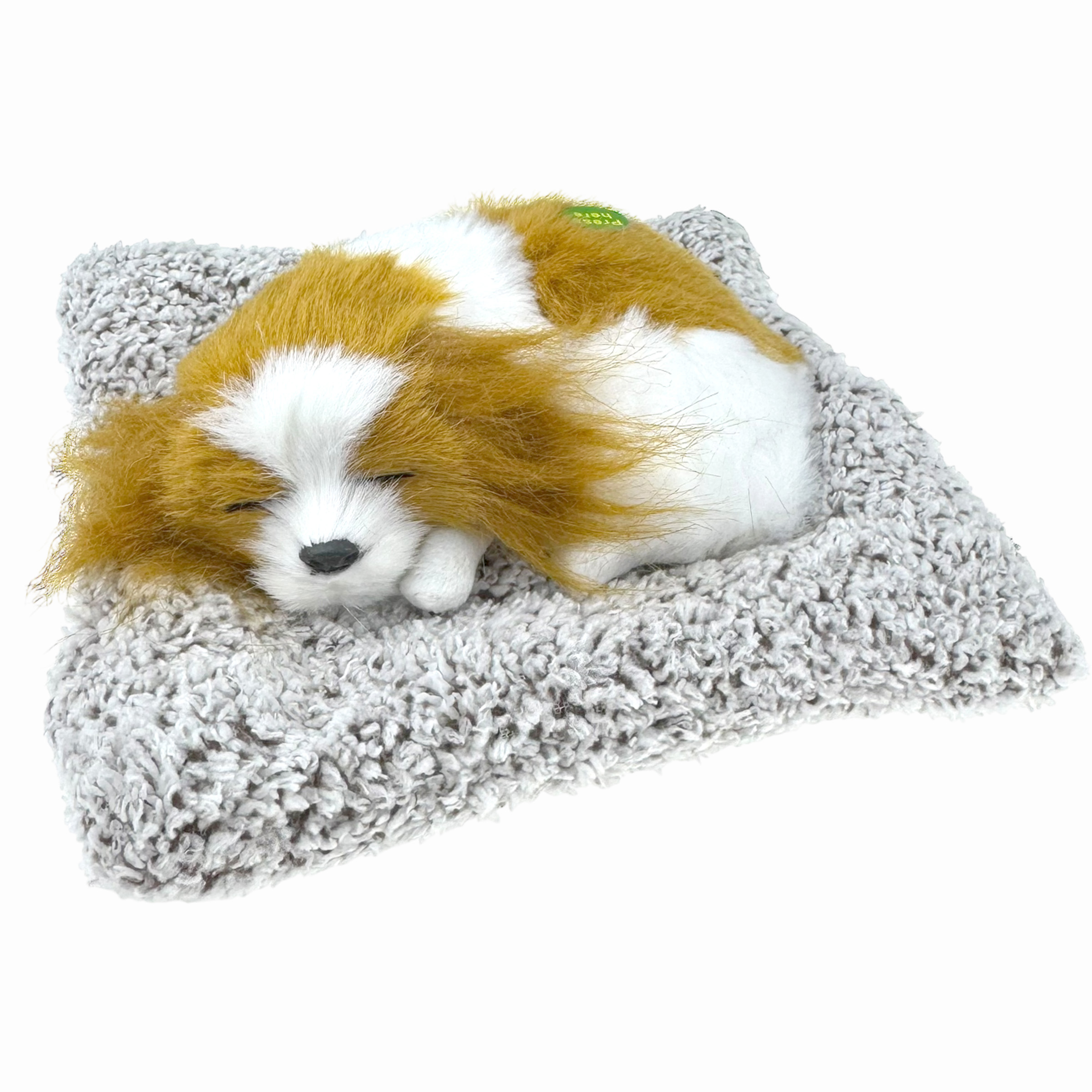 Сувенірна іграшка песик спить на подушці, гавкає 20х18 см із штучного хутра /300/