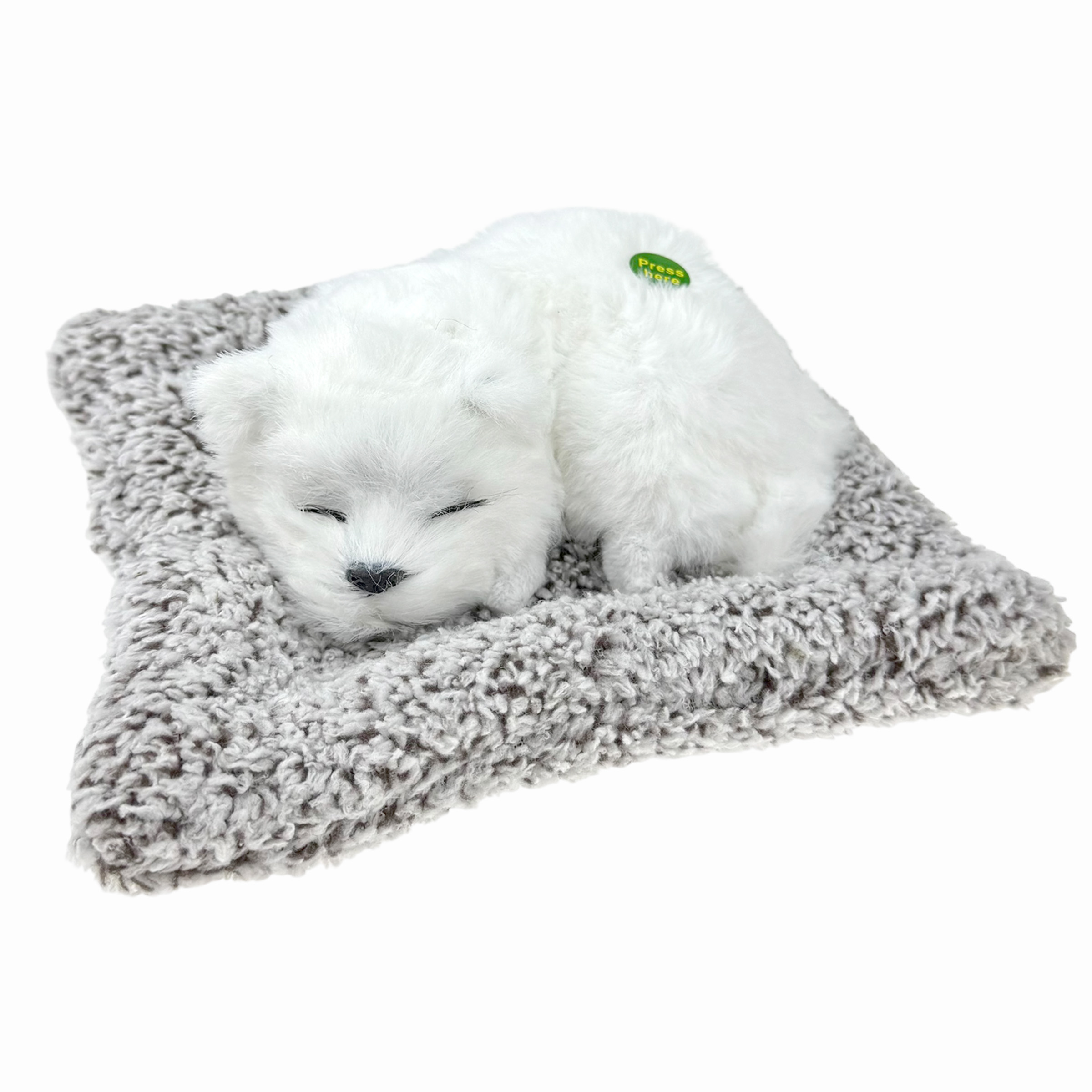 Сувенірна іграшка песик спить на подушці, гавкає 20х18 см із штучного хутра /300/