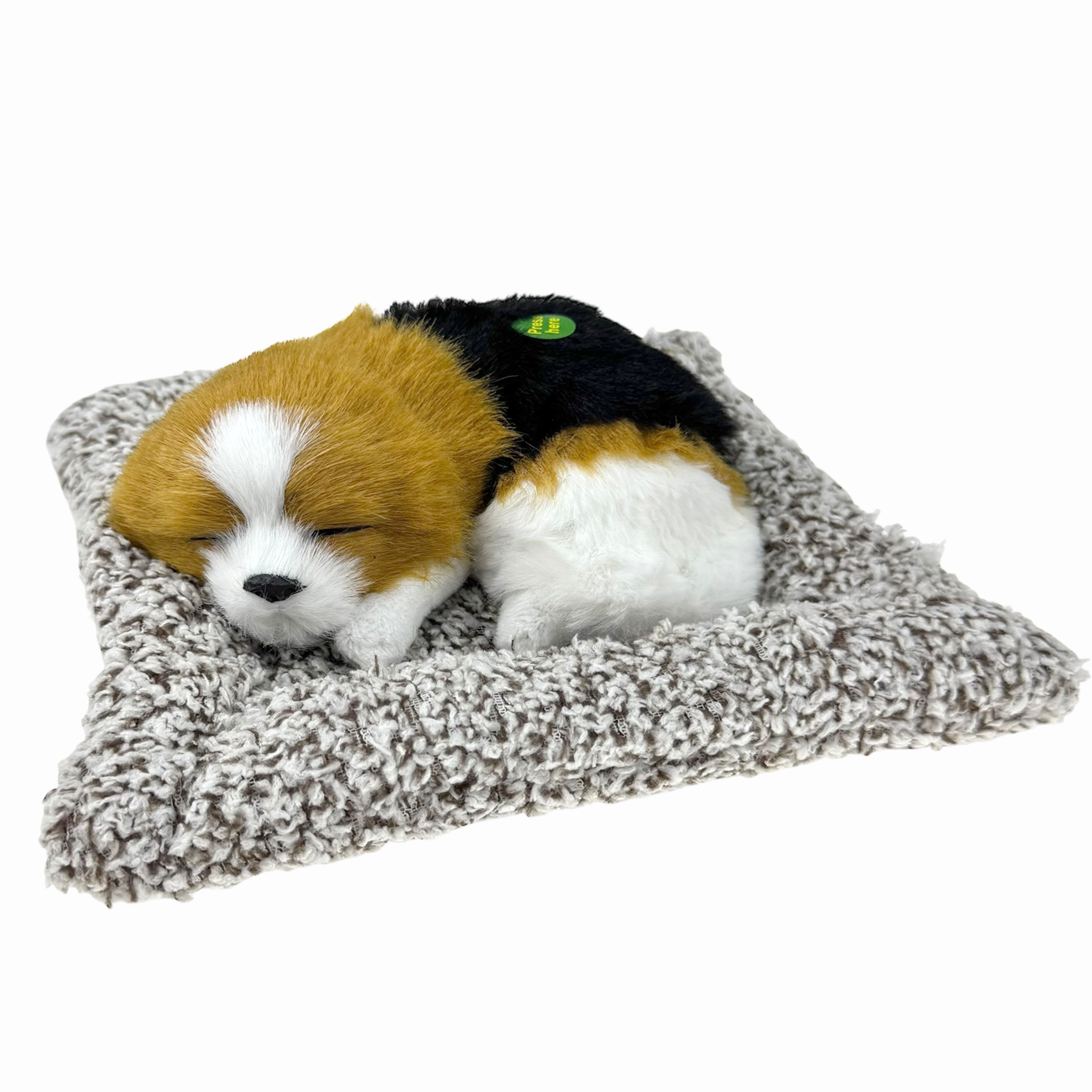 Сувенірна іграшка песик спить на подушці, гавкає 20х18 см із штучного хутра /300/