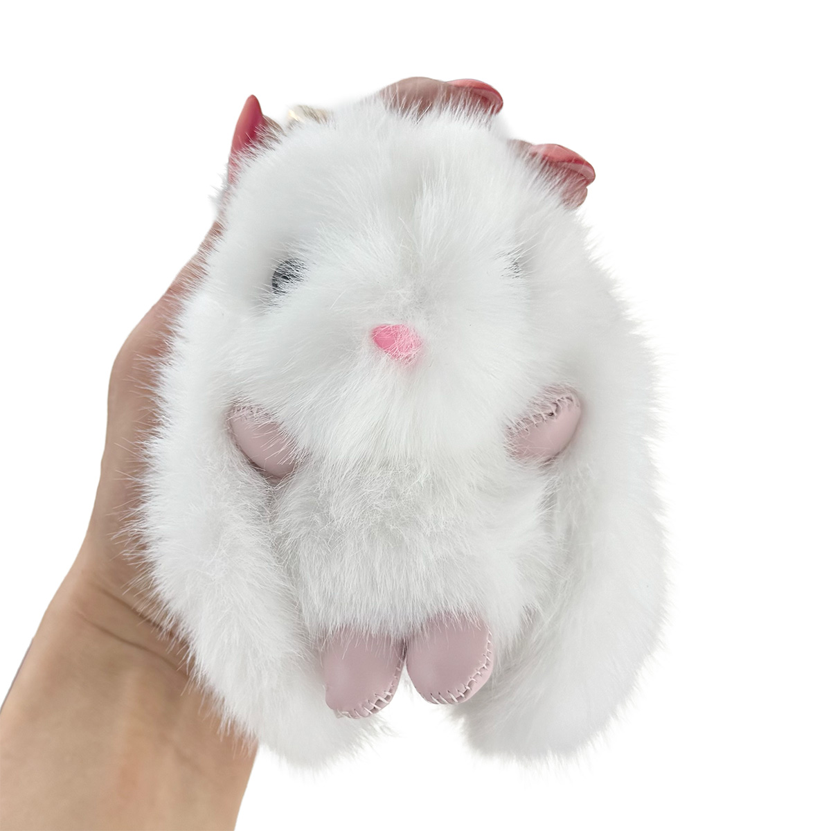 Пухнастий натуральний кролік коліру асорті шкіряні ручки ніжки з кільцем 12 см (12) /200/