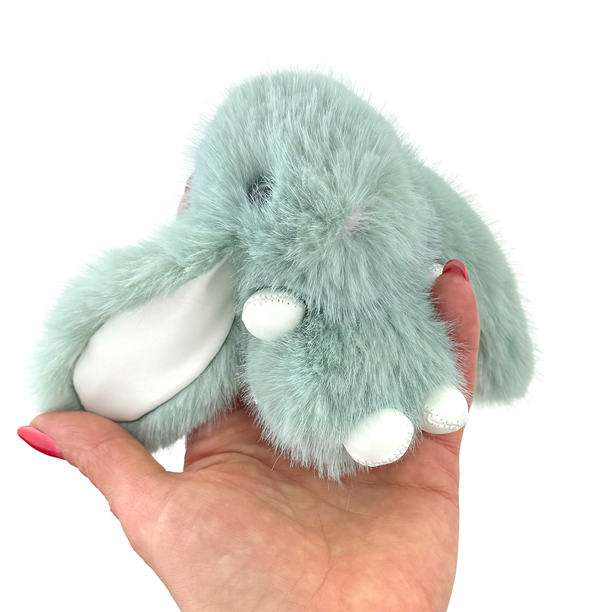 Пухнастий натуральний кролік коліру асорті шкіряні ручки ніжки з кільцем 12 см (12) /200/
